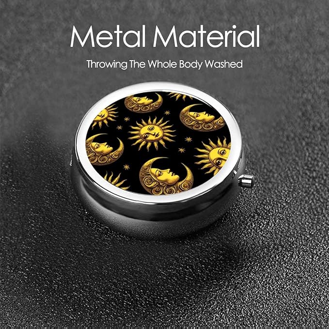 Small Pill Box, Waterproof Portable Daily Small Pill Case for Purses Pocket Compact Travel Medicine Holder for Vitamins,Fish Oils, Supplements, Sun Crescent Moon Stars Astrology Tarot Cards