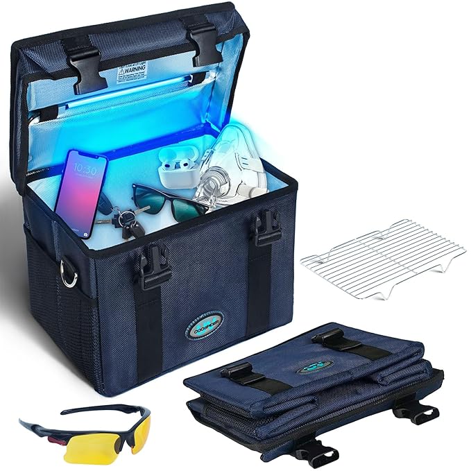 3 Gallon Large-powerful UV Light Sanitizer Box, Portable Foldable Cleaner and Sanitizing Machine with 3-level Timer, UV Cleaner Bag for Key, Towel, Mask Cleaning Machine USB Wall Plug-in Charging Blue