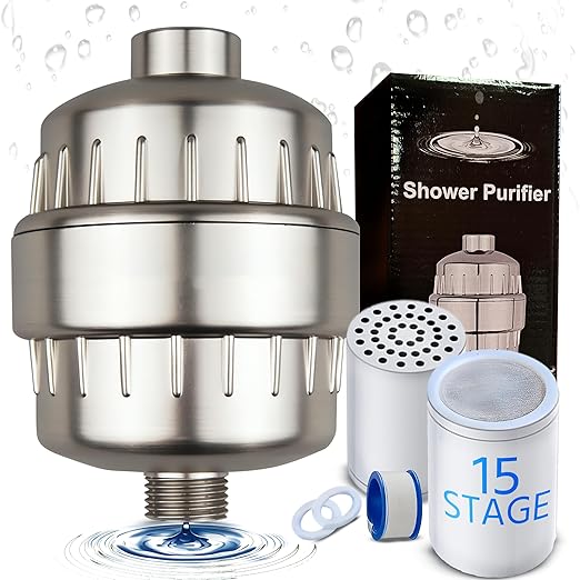 Shower Head Filter for Hard Water -15 Stage High Output Water Filter with 2 Replacement Cartridges, Removes Chlorine & Fluoride for Healthier Skin and Hair. (Brushed Nickel)