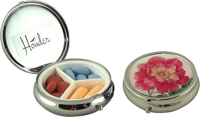 Designer Pill Box by Houder - Decorative Pill Case with Gift Box - Carry Your Meds in Style (Pink Flower)