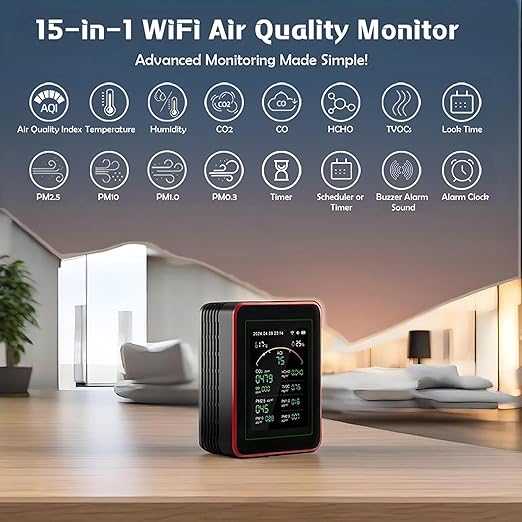 Smart Air Quality Monitor Indoor: WiFi Air Quality Tester, 15-in-1 Air Quality Meter with PM, CO2, TVOC, HCHO, AQI, Temperature and Humidity Sensor, App Remote Control, for Office Home