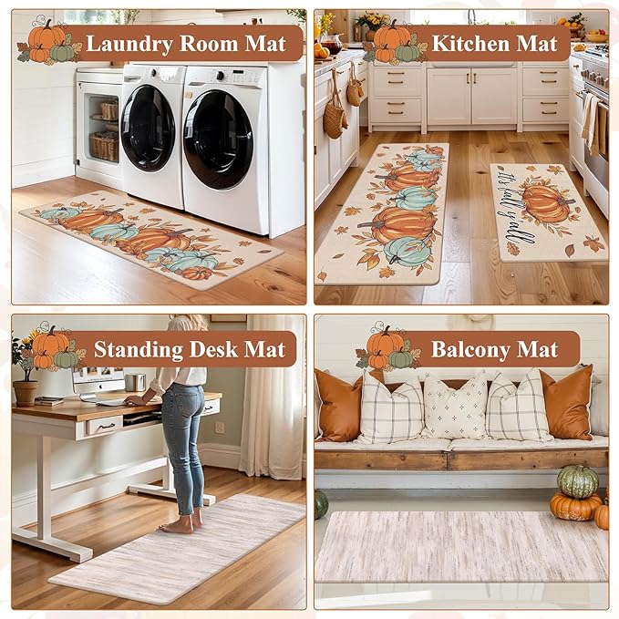 U'Artlines Fall Kitchen Rugs Sets of 2, Anti Fatigue Mats for Kitchen Floor Printed on Both Sides, Non Slip Waterproof Fall Kitchen Mats with Pumpkin Leaves Fall Decor Pattern 17"x28"+17"x47"
