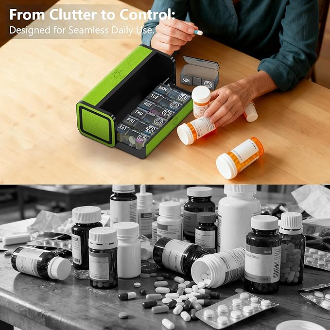 7-Day AM/PM Pill Organizer with Scratch-Resistant Leather Case - Portable Weekly Travel Medicine Box with Detachable Daily Pods & Privacy Design (Dark Green)