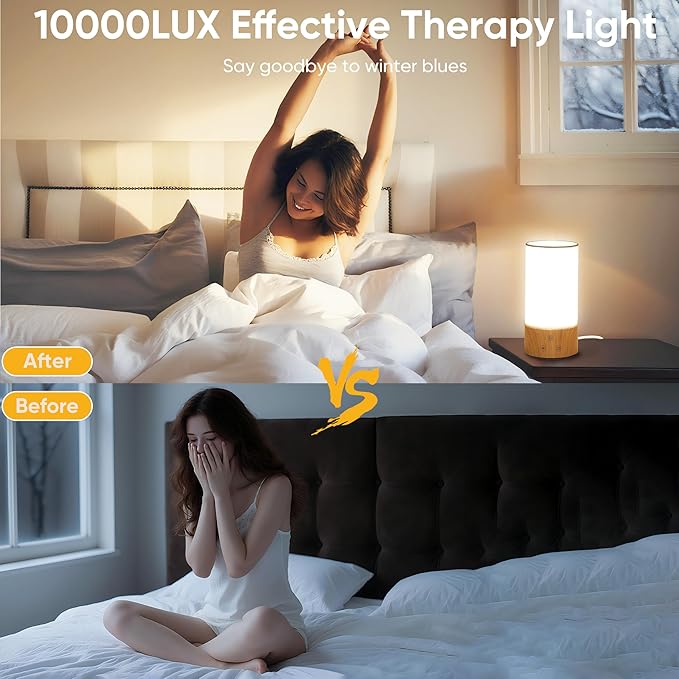 Light Therapy Lamp, Happy Lamp 10,000 LUX UV Free with 3 Color Temperature & 5 Brightness Level, Full Spectrum Light Wood Base Round Flaxen Fabric Shade for Living Room, Desk, Office