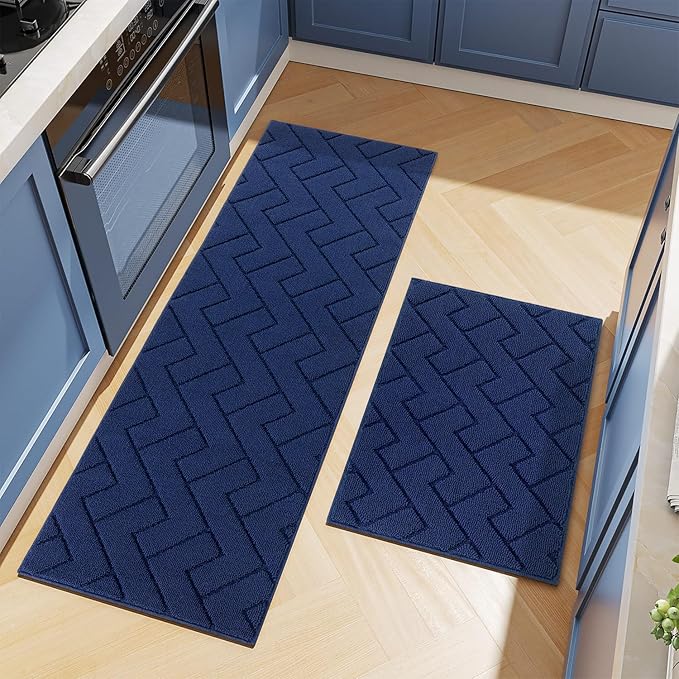 hicorfe Kitchen Rugs and Mats Sets,2 Pieces Super Absorbent Polypropylene Non-Slip Rug,Soft Comfort Floor Mat,Washable for Kitchen,Hallway,Office,Sink,Laundry(24" x 35"+24" x 71",Navy Blue)