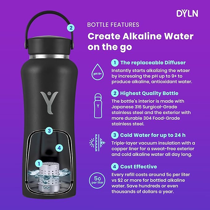 DYLN Hydrogen Water Bottle | Create Hydrating Alkaline Hydrogen-Rich Water Up to 9 pH | Vacuum Insulated Stainless Steel Water Bottle | Keeps Water Cold for 24 Hours