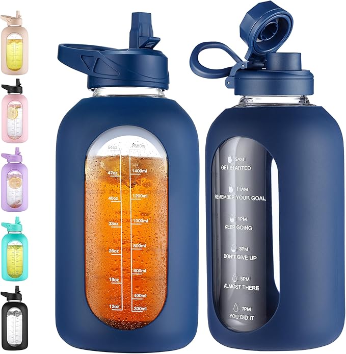 CIVAGO 64 oz Glass Water Bottle Jug with Straw and Handle, Half Gallon Sports Motivational Bottle with Time Marker and 2 Lids, Large Flask Canteen with Silicone Sleeve for Gym, Navy