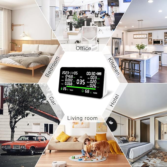 11-in-1 Air Quality Monitor, Indoor CO2/VOC/AQI/PM2.5/Thermometer/Humidity Monitor, Portable Smart Air Quality Meters, Air Quality Tester for Home Office Outdoor, Battery Powered
