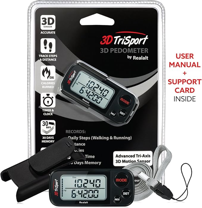 Realalt 3DTriSport 3D Walking Pedometer with Clip & Strap, Accurate Step Counter with 30-Day Memory, Distance in Miles/KM with Large Display Perfect for Seniors & Beginners, eBook Included