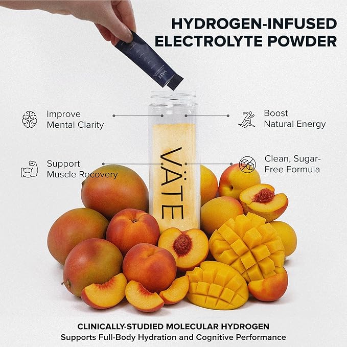 VATE Hydrogen Water + Electrolytes Powder Packets, 8 PPM Molecular Hydrogen + Electrolytes for Hydration, Focus & Recovery, Packets with Magnesium, Potassium, Vitamin C, 30 Count - Tropical