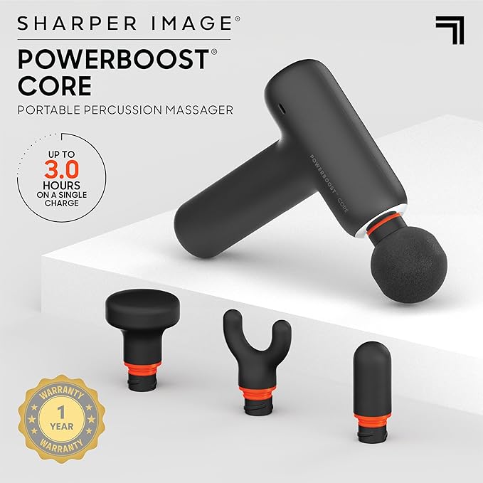 Sharper Image PowerBoost Core Mini Massage Gun| Upgraded Portable Deep Tissue Percussion Massager with 6 Speeds| 4 Attachments| Quiet Motor| Cordless Muscle Recovery Tool with Carry Pouch