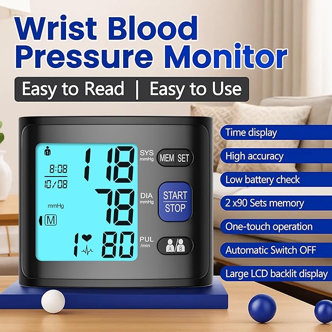 Blood Pressure Monitor Wrist Blood Pressure Cuff Automatic BP Machine with Backlit Display, 2x90 Memory, Voice Broadcast, Measurable Board Carrying Case and AAA Battery Bp Monitor(Black)