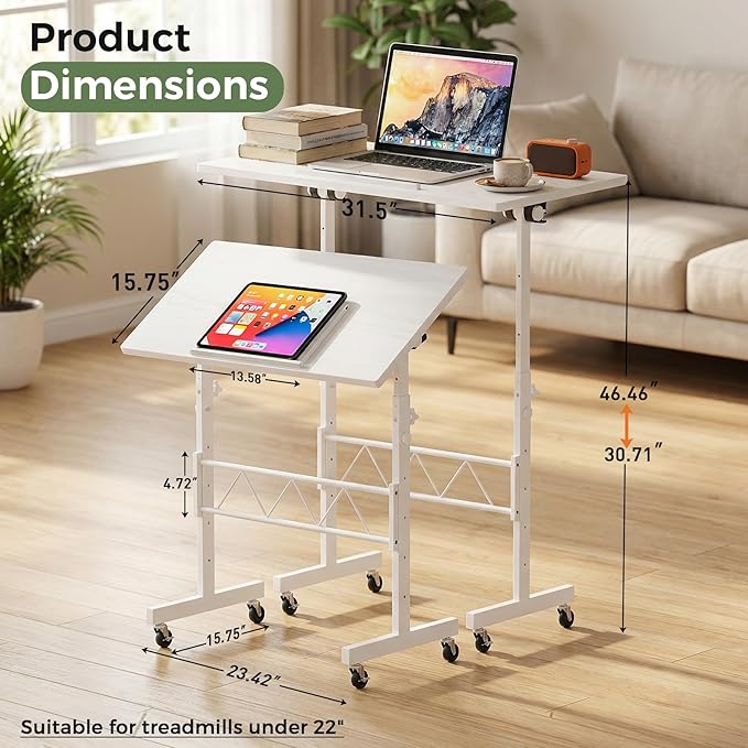 GTPLAYER Small Standing Desk Adjustable Height, 30.7"-46.4" Portable Computer Table Mobile Desk Workstation Stand Up Desk with Wheels Compact Rolling Table for Home Work Treadmill Walking Pad White