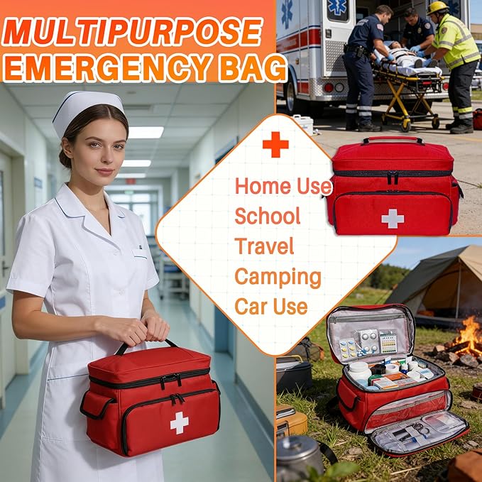 First Aid Bag Empty 12" x 9" x 7" Medical Bag Red Pill Bottle Organizer Portable Emergency Bag Travel Medicine Kit Storage Case First Aid Box for Car, Home, Office, Dorm, Outdoor (Small)