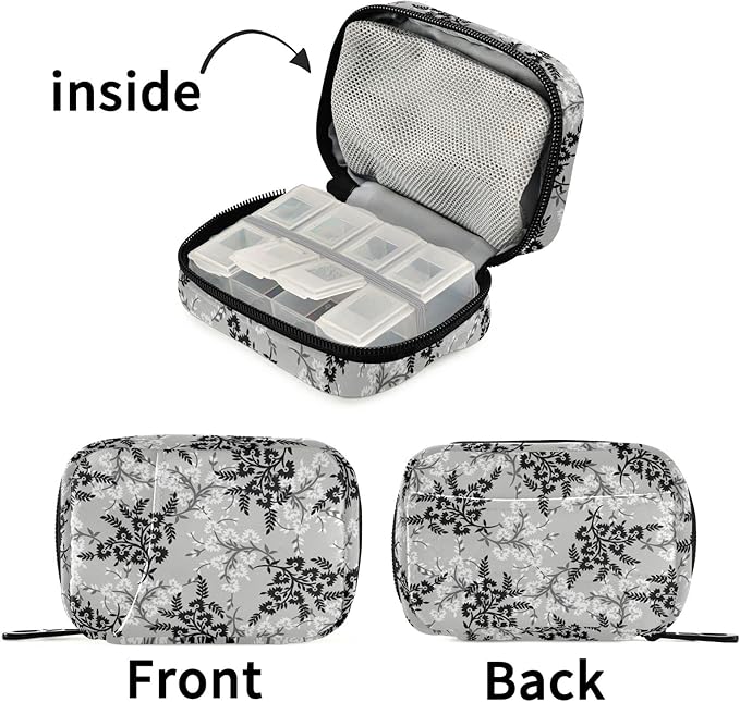 xigua Pill Organizer 7-Day Travel Pill Box Bag Black & Grey Small Flowers Pattern Daily Pill Case with Zipper Portable Suitable,Vitamin Supplement Holder