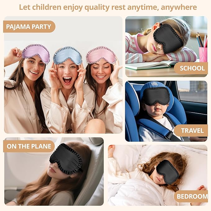 Kids Sleep Mask, 100% Real Mulberry Silk Eye Mask, Sleeping Mask for Kids with Adjustable Elastic Band, Soft & Light Blocking Eye Cover Gift for Boys Girls Teens Age 5+ (Black)