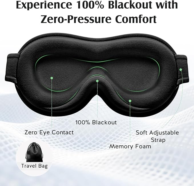 YFONG Sleep Mask for Lash Extensions, Bamboo Viscose & 100% Blackout Eye Mask for Sleeping Women Men, Soft 3D Contoured Zero Eye Pressure Blindfold for Travel, Breathable & Adjustable Eye Cover, Black
