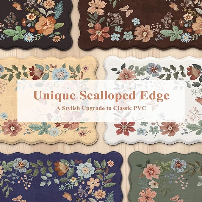 Collive Anti Fatigue Mats for Kitchen Floor, Scalloped Waterproof Kitchen Rugs Sets of 2 Padded Floral Rug, Memory Foam Comfort Standing Mat Non Slip for Office, Sink, Laundry, Beige