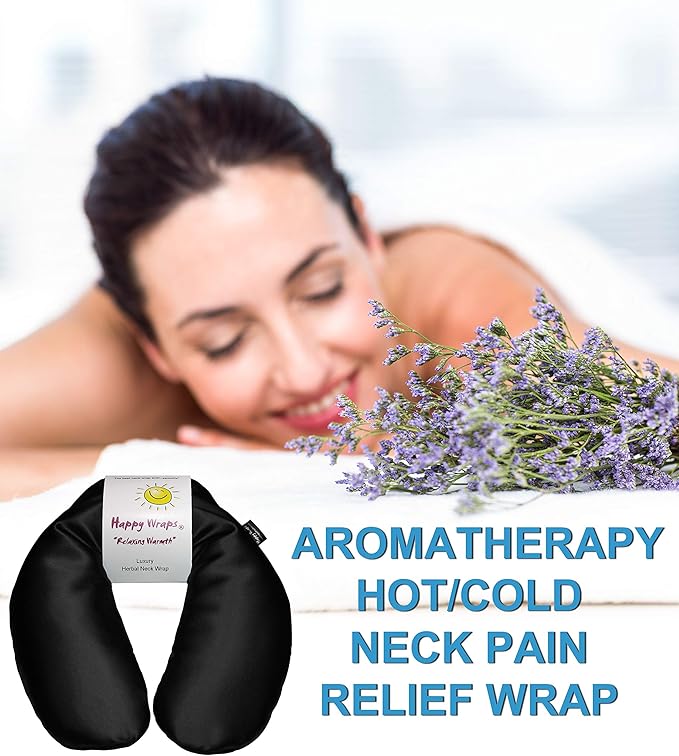 Microwavable Herbal Neck Wrap - Hot Cold Aromatherapy Neck Warming Pillow - Heating Pad for Migraines, Stress, Gifts for Women, Birthdays, Christmas and Free Sleep Mask - Onyx Satin
