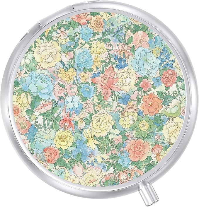 Round Pill Case Small Pill Box with Mirror Pocket 3 Compartment Vitamin Pill Medicine Case Organizer Pill Containers for Traveling Flower Blooming