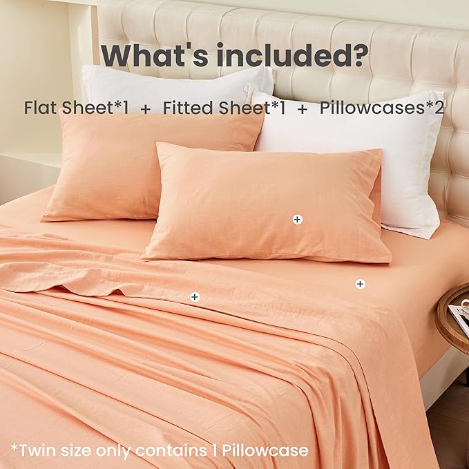 Simple&Opulence Belgian Linen Sheet Set Solid Color - 4 Pieces (1 Flat Sheet & 1 Fitted Sheet & 2 Pillowcases) Natural Flax Cotton Blend Soft Bedding Breathable Farmhouse - Peach, King Size