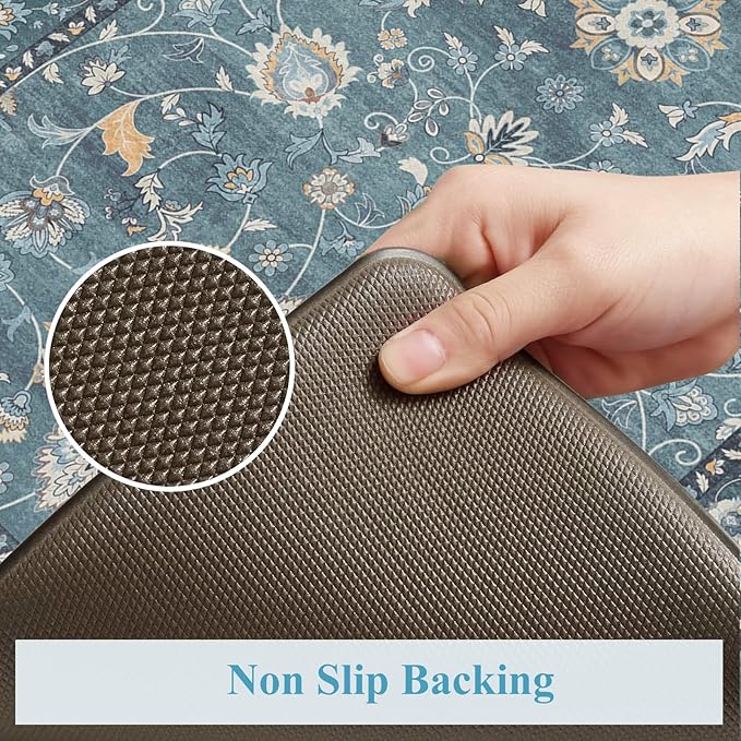 KIMODE Kitchen Floor Mats Cushioned Anti Fatigue,Comfort Memory Foam Kitchen Mats for Floor 2 Piece,Boho Vintage Floral Kitchen Rug Non Slip for Laundry Sink Office Home Decor,Blue