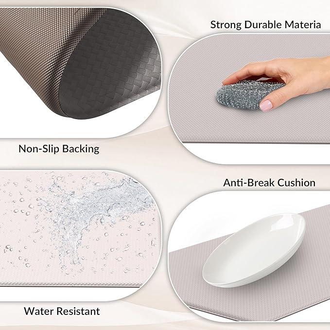 Kitchen Mats for Floor Kitchen Rugs, Cushioned Anti-Fatigue Waterproof Non-Slip Kitchen Mats Set, Ergonomic Comfort Standing Mat for Kitchen, Floor, Home, Office, Beige 17.3"x59"