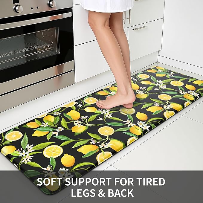 MAYHMYO Lemon Kitchen Mat Set of 2 - Anti Fatigue Mats for Kitchen Floor - Non Slip Cushioned Rugs for Standing - Lemon Decor (17.3"×29"+17.3"×47"-0.4") Black
