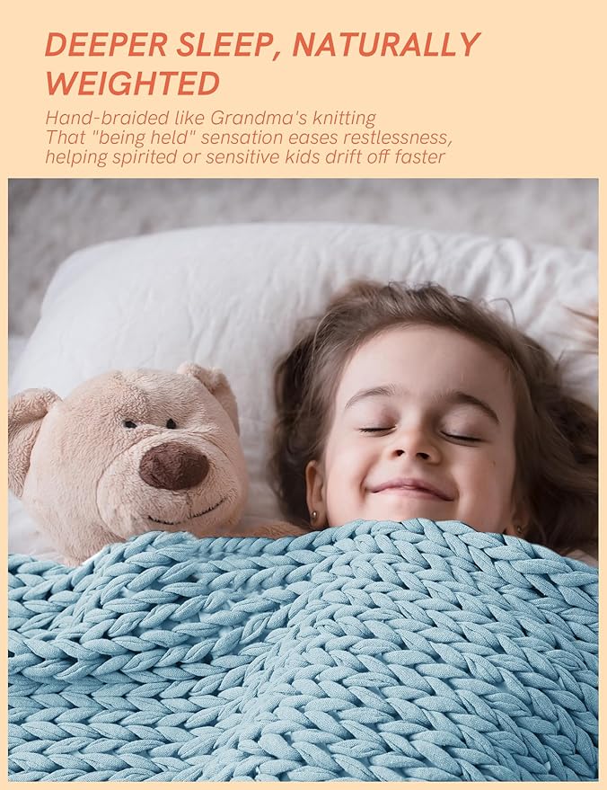 YnM Cooling Weighted Blanket, 100% Cotton Handmade Chunky Knitted Blanket, Weighted Lap, Breathable Heavy Blankets, Machine Washable Throw for Sleep or Home Decor (Sky Blue, 40x50 Inch, 7lbs)