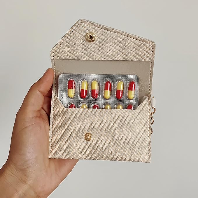 Birth Control Pill Case Wallet PU Leather Medicine Holder Keychain (Dark Gery)