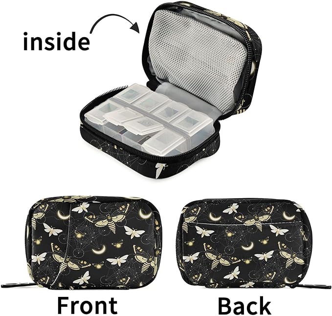 Travel Pill Organizer Bag Weekly Pill Organizer Case Death Moth Butterfly Portable Small Daily Pill Boxes for Vitamin Fish Oils Supplement Holder with Zipper Compact Size