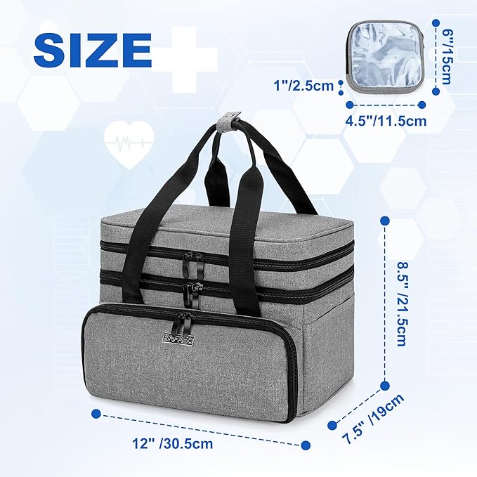 BAFASO Double Layer Medicine Bag with 2 Detachable Pouches, Pill Bottle Organizer for Travel and Daily Use (Bag ONLY), Gray