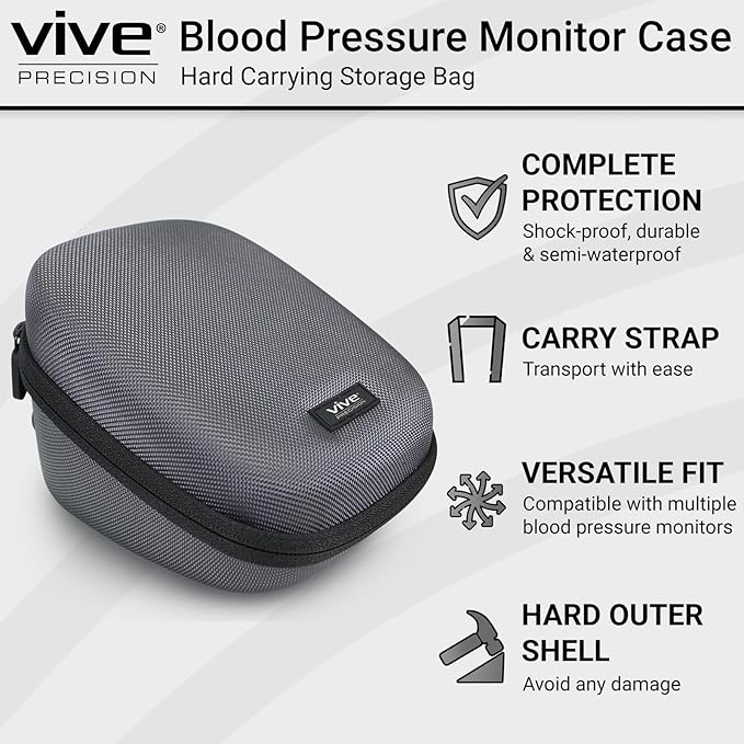 Vive Precision Blood Pressure Monitor Case - Hard Carrying Medical Travel Storage Bag - Universally Compatible Portable BPM Cuff, Health Accessories Pouch Replacement with Carrying Strap - Shockproof
