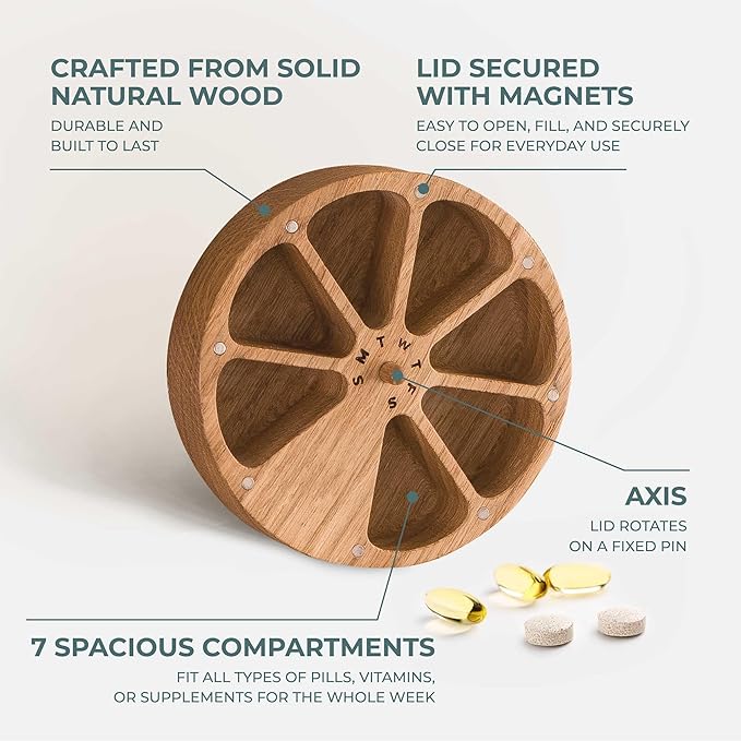 Makety Wooden Weekly Pill Organizer - 7 Day Round Pill Box with Magnetic Lid, Compact Travel Medicine Holder - Natural Oak Wood
