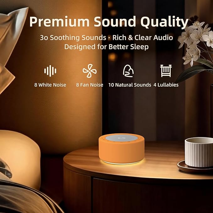 Kipcush White Noise Machine - Soft Non-Glare Nursery Lamp, 30 Soothing Sounds, 8 Color Lights, Max 8-Hour Timer for Baby & Adults (Orange, Standard)