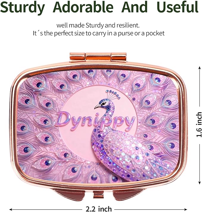 Dynippy Pill Case Pill Box with Mirror Retro Pocket 2 Compartment Medicine Case Vitamin Pill Organizer for Pocket Purse and Travel - Rose Gold-Peacock