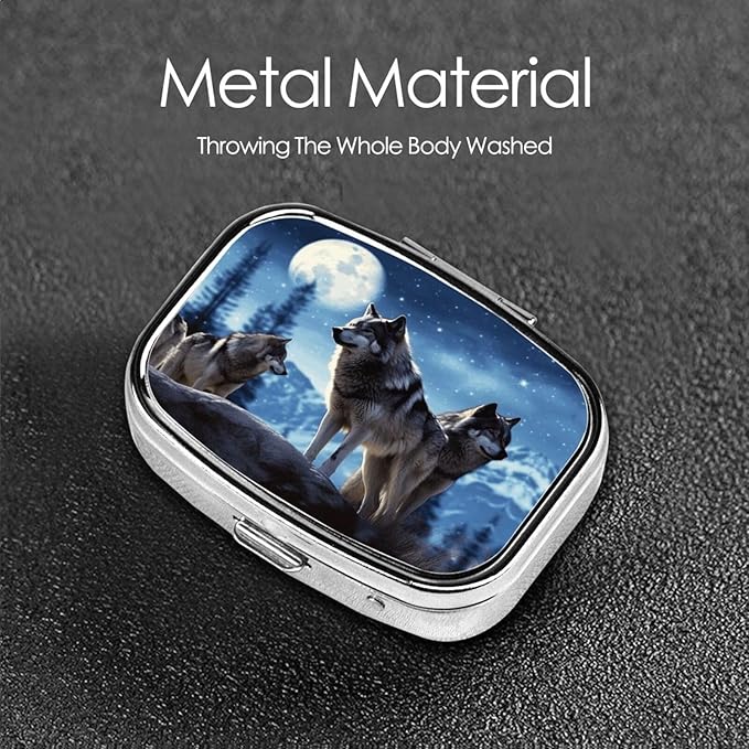 Square Pill Box 2 Compartment Medicine Pill Case Wolfs Pill Box for Purse Pocket Waterproof Metal Pill Container Portable Pill Holder Mini Pill Organizer for Travel or Daily