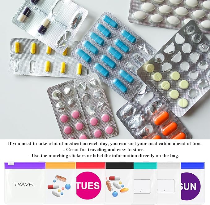 30 pcs Pill Pouch Bags, CNYMANY Zippered Reusable Medicine Bags with Slide Lock Travel Medicine Organizers Pill Baggies, with Weekly Sticker, Write-on Labels, Storage Bag