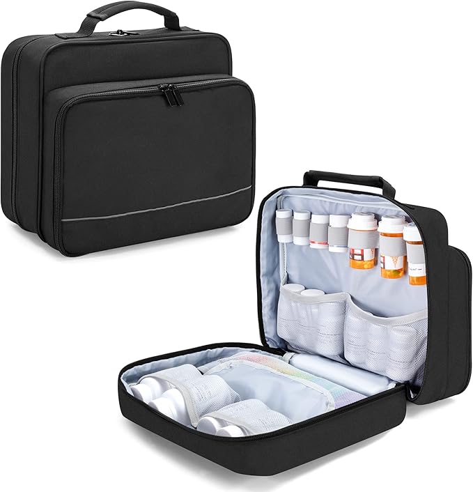 Damero Pill Bottle Organizer, Medicine Bottles Storage Bag Medication Travel Carrying Case for Pill Organizer, Vitamins, Medical Supplements, Black, Patent Design