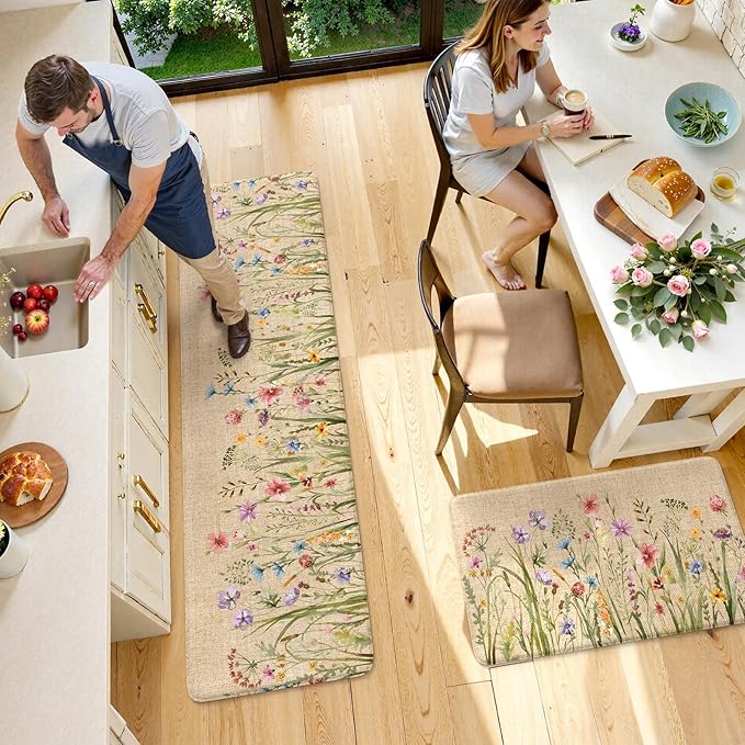 KIMODE Kitchen Anti Fatigue Mats, Farmhouse Flower Kitchen Rugs Sets of 2, Memory Foam Kitchen Mats for Floor, Waterproof Non Skid Standing Mats for Sink Laundry Office Desk Brown 20"x71"+20"x32"