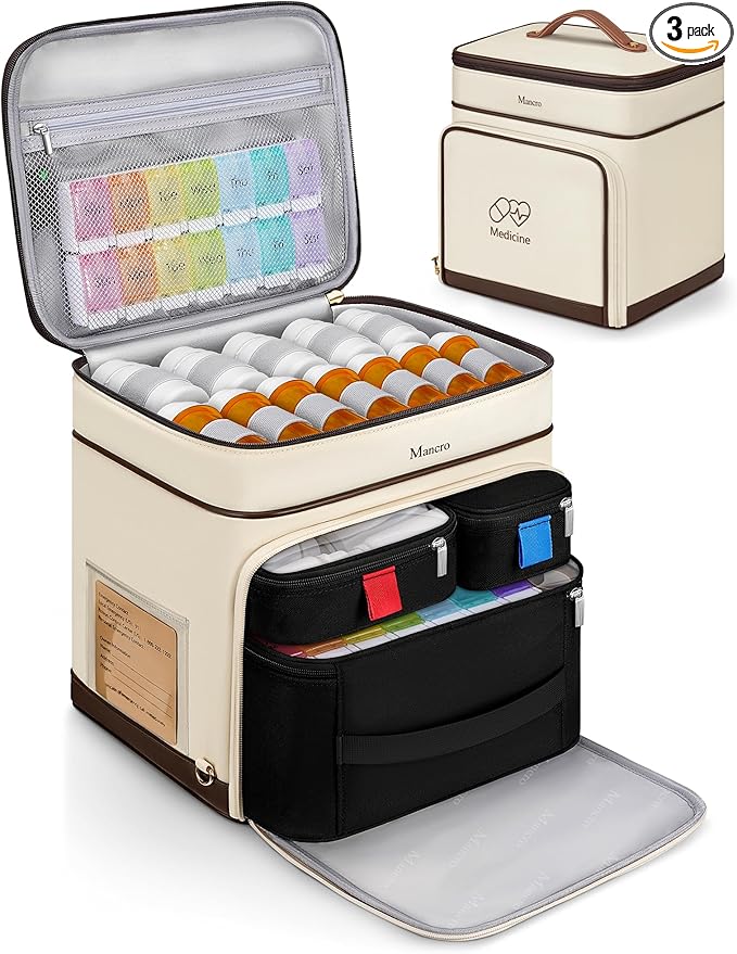 Mancro Medicine Organizer Bag, Large 2-Layer Medicine Storage Box with 3 Separate Cases Including Pill Bottle Organizer, Small Medicine Bag, and Insulated Insulin Pouch (Empty), for Family & Travel