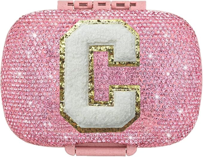 Cute Pill Organizer Small Bling Pill Case for Purse Medicine Vitamin Container Holder Daily Pill Box Container for Women Travel Medicine Kit(Letter C Pink)