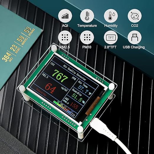 Indoor 5-in-1 Air Quality Monitor,CO2 Carbon Dioxide Detector,CO2 Monitor, pm2.5 pm10 pm1.0 Detector, Meter,Temperature and Humidity,for Grow Tents,Homes,Cars,Farm etc
