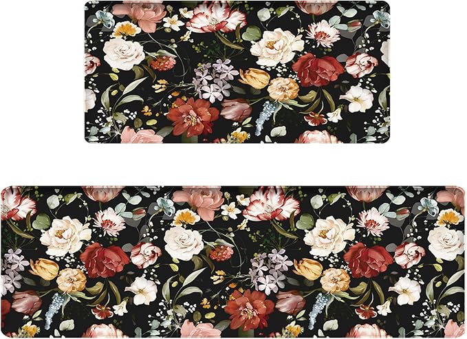 Bulijojo Black Flowers Anti Fatigue Kitchen Floor Mats Set of 2 Waterproof Kitchen Sink Runner Rug Standing Mat Cushioned Kitchen Rugs Comfort Doormat 17"x47"+17" x30“