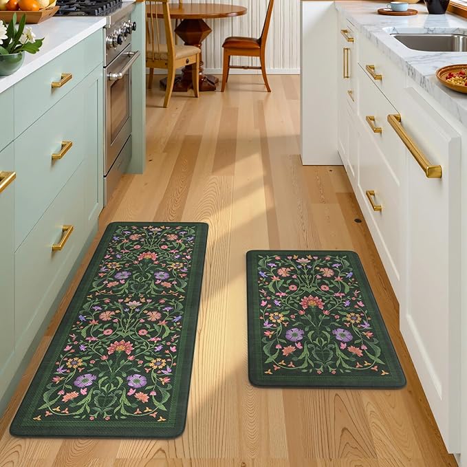 Collive Kitchen Mats for Floor, Cushioned Anti Fatigue Mat Green Floral Rugs 2 Piece Non Skid Waterproof Sink Rug, Memory Foam Comfort Standing Mat for Office, Laundry, Desk, 17.3"x29"+17.3"x47"
