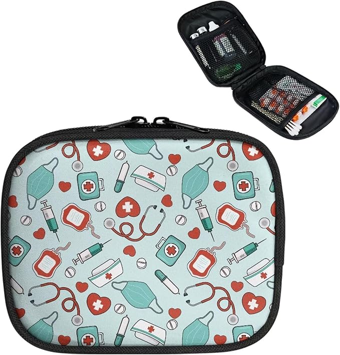 Medical Heart Print Travel Medicine Case Compact Travel Pill Organizer Box with Zipper Weekly Vitamin Storage Bag Mini Supplement Holder