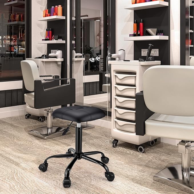 Square Rolling Stool with Wheels Height Adjustable Swivel Stools Office Chair Stable Base Foot Black