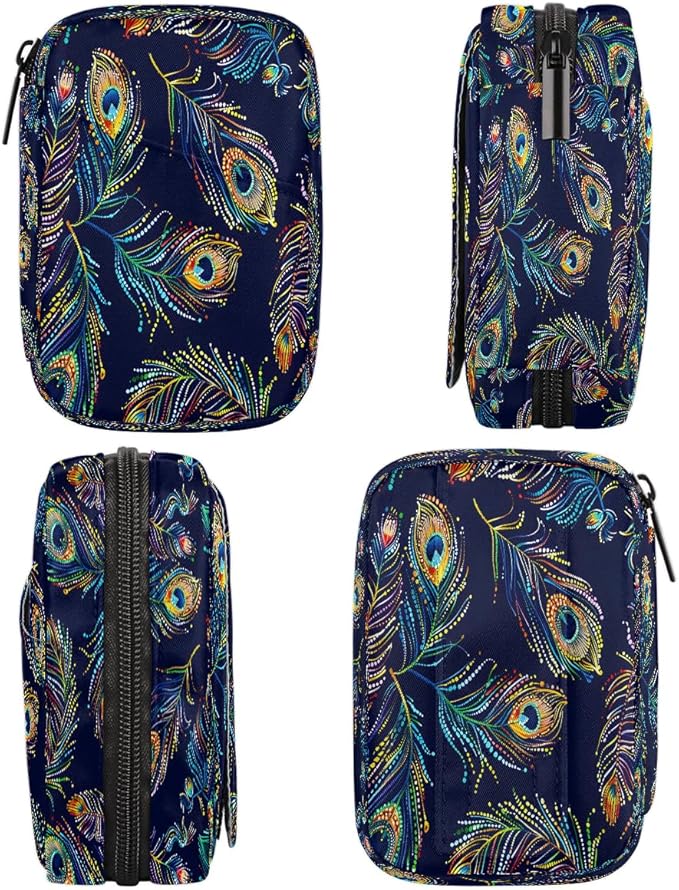 Color Peacock Feather Travel Pill Organizer Box Weekly Portable Pill Case Daily Pills 7 Day Small Birth Control Pills Container Removable Compartments for Medicine Vitamins Fish Oil