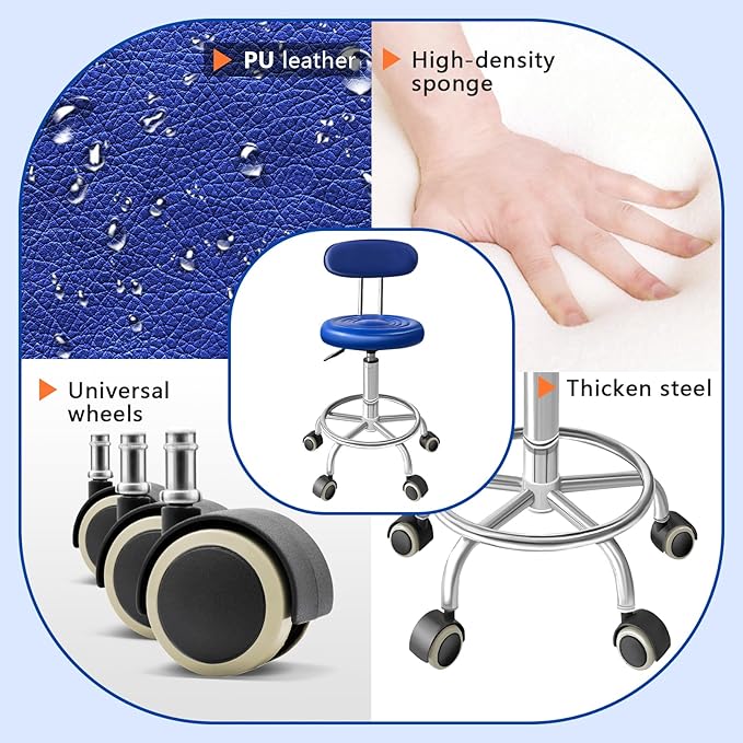 Chair with Wheels PU Leather, with Backrest, Height Adjustable, 360° Swivelling Armless Barstool with Footrest, Ideal for Pubs, Restaurants, Offices, Homes, Tattoos, Massages (Blue)
