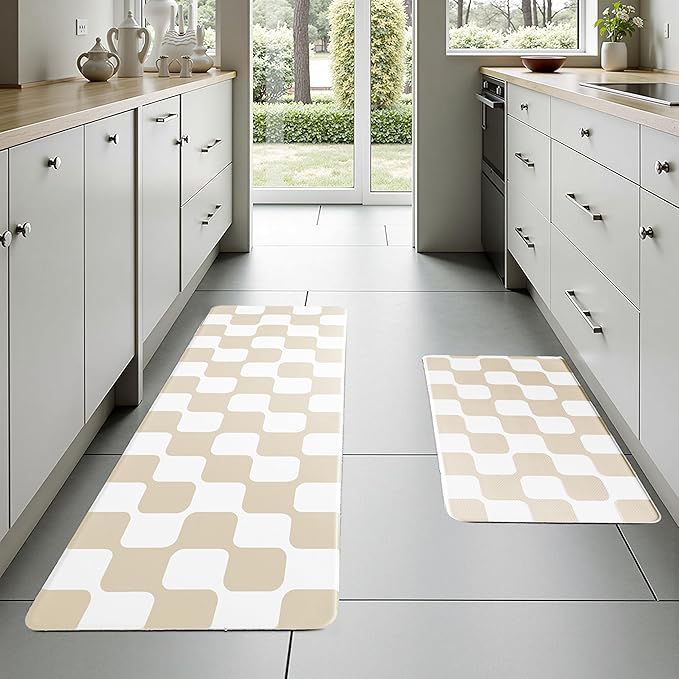 Cream Retro Curvy Checkered Grid Checkerboard Kitchen Rug Sets [2 PCs], Anti-Fatigue, Waterproof Non-Slip Kitchen Mats Heavy Duty Comfort Foam Rug for Floor, Home, Laundry,17"x29"+17"x47"